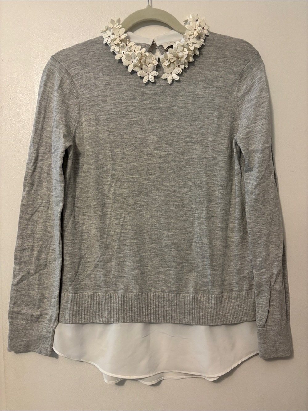 Ted Baker Gray Layered Sweater Top with White Floral Collar